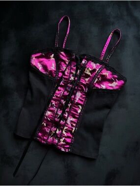 Vintage Tripp NYC Black and Magenta Satin Zip Up Lace-Up Corset Camisole